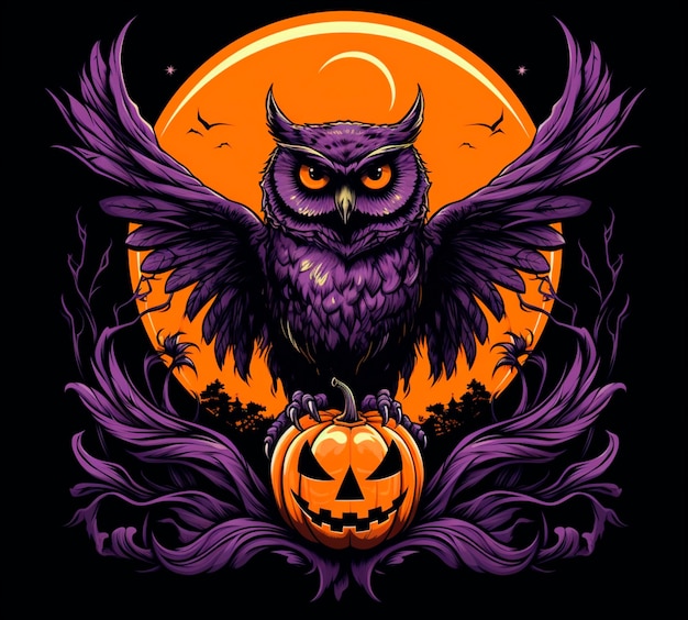 un hibou avec un fond noir orange et violet