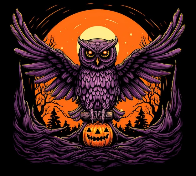 un hibou avec un fond noir orange et violet