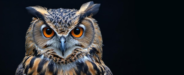 un hibou sur un fond noir portrait en gros plan IA générative