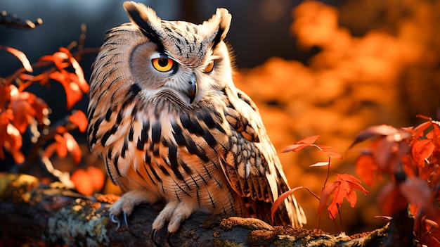 Hibou grand-duc perché sur une branche regardant la forêt d'automne