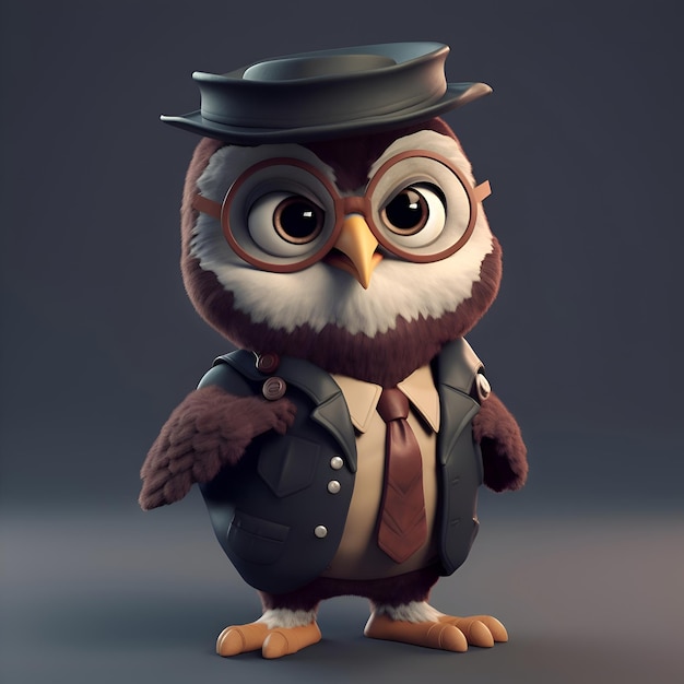 Un hibou habillé en gangster avec un chapeau et une veste illustration 3D