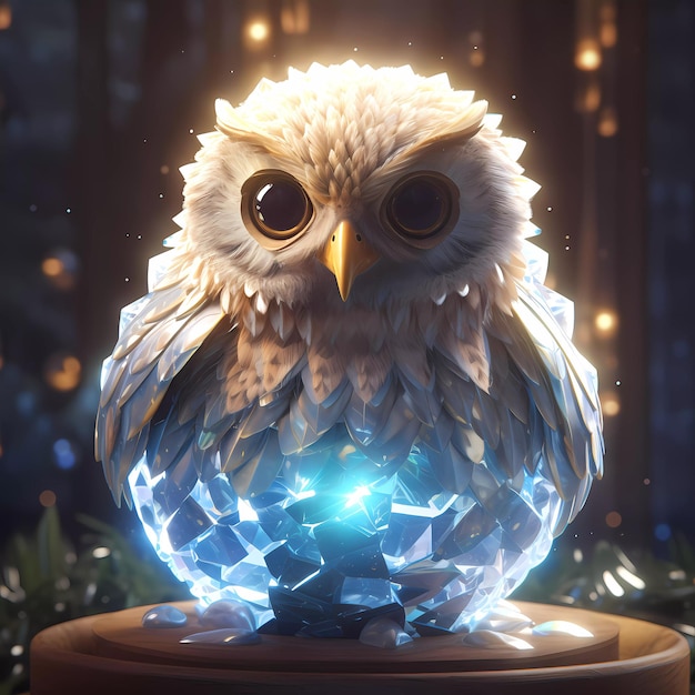 Un hibou illuminé avec une étoile bleue sur la tête.