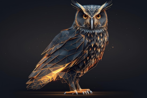 Hibou isolé à partir d'un filaire low poly sur fond sombre généré par l'IA