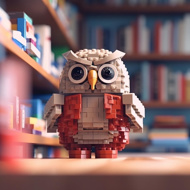 Un hibou lego avec un cœur rouge sur sa poitrine se tient sur une étagère.