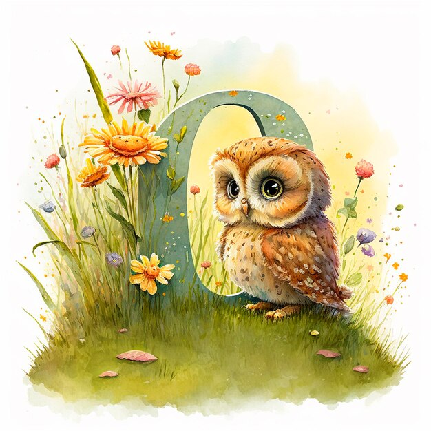 Le hibou et la lettre O Explorant la nature et apprenant l'alphabet illustration à l'aquarelle pour enfants ABC