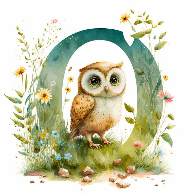 Le hibou et la lettre O Explorant la nature et apprenant l'alphabet illustration à l'aquarelle pour enfants ABC