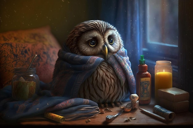 Hibou malade avec écharpe et couverture de flacons de médicaments au lit