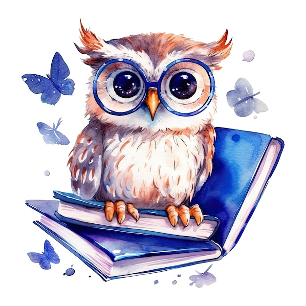 Hibou mignon aquarelle avec lunettes lecture livre isolé AI générative