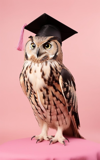 Un hibou mignon avec un bonnet de graduation sur la tête.