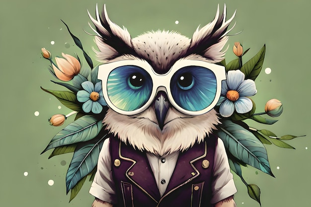 Photo hibou mignon dessin animé avec chapeau et lunettes de soleil