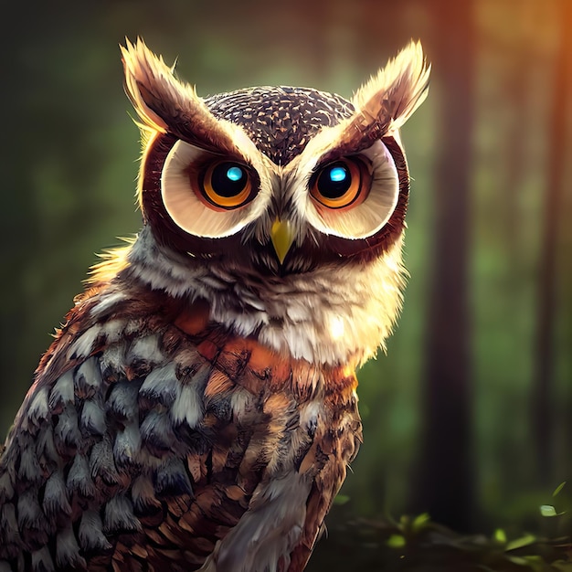 Hibou mignon avec des plumes brunes dans les bois