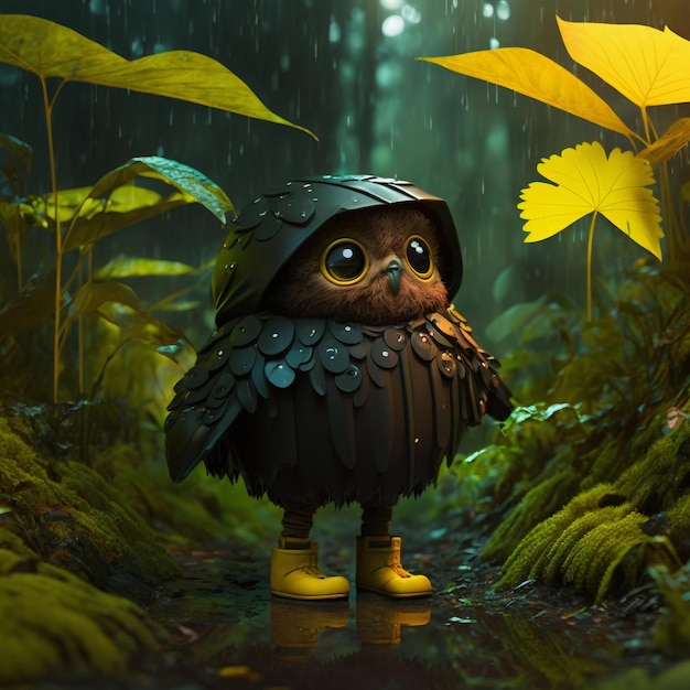 hibou mignon portant un imperméable