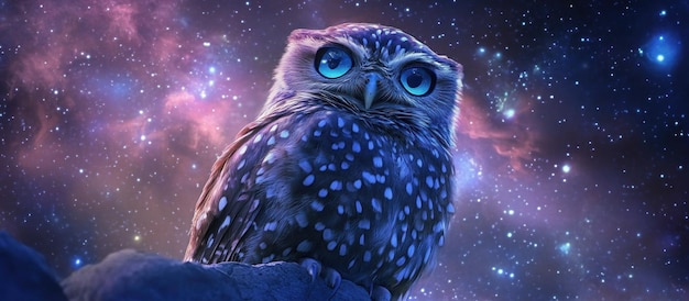 Un hibou mystique aux yeux bleus brillants perché sur un rocher sur un fond de nébuleuse cosmique vibrant