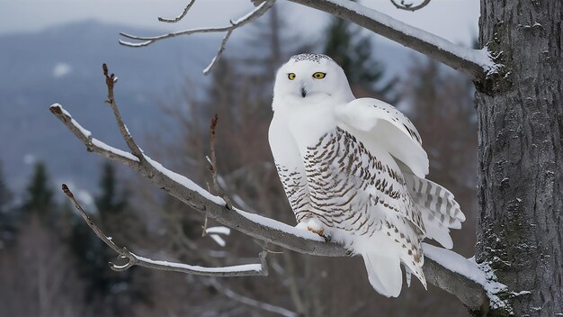 Photo un hibou neigeux est assis dans un arbre avec la lettre e dessus