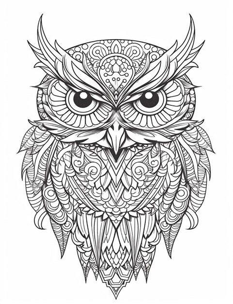 un hibou noir et blanc avec des motifs ornés sur son visage