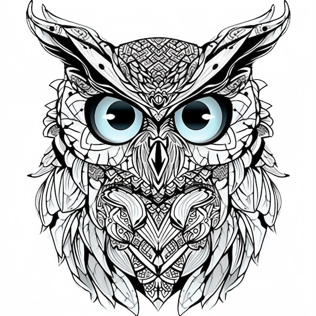 un hibou noir et blanc avec des yeux bleus et des motifs ornés génératif ai