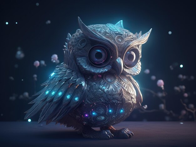 Un hibou avec un œil brillant et un visage violet et bleu.