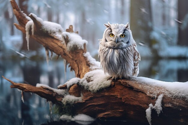 Photo un hibou perché sur une bûche dans la neige par l'eau