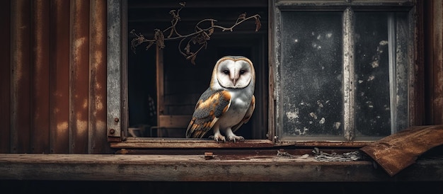 Hibou perché dans une fenêtre rouillée sombre