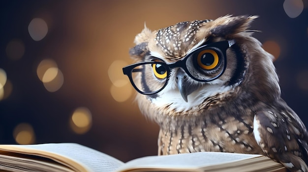 Un hibou photoréaliste dans des lunettes avec un livre