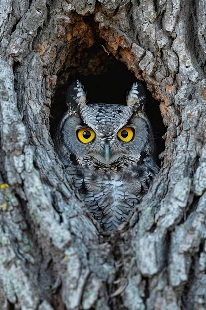 Photo un hibou regardant à travers un trou sombre dans un arbre.