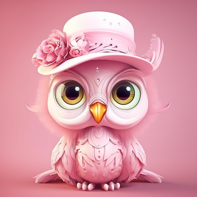 Un hibou rose avec un chapeau et une fleur dessus.