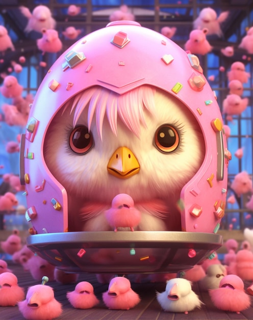 Un hibou rose avec un chapeau rose et des plumes roses est assis dans un bol avec un couvercle rose.