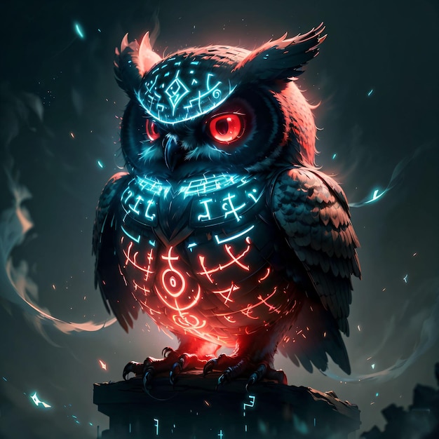 Un hibou avec des runes lumineuses