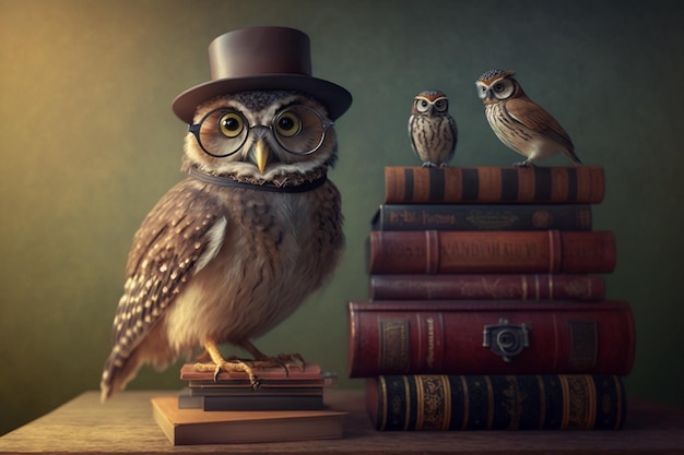 Un hibou rusé dans un chapeau et des lunettes est assis sur des livres