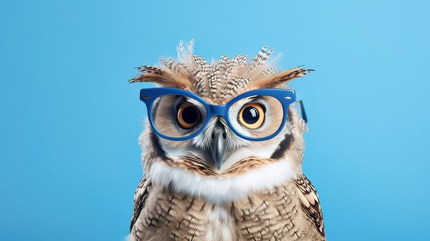 Un hibou sage avec des lunettes lit un livre sur un fond bleu