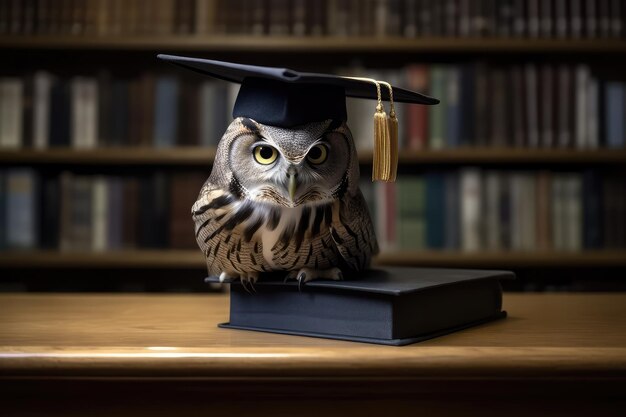 Hibou sage portant une casquette de graduation contre une pile de livres AI