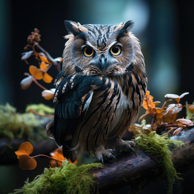 un hibou se tient sur une branche avec un fond flou.