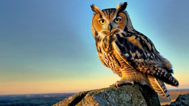 un hibou se tient sur un rocher avec un coucher de soleil en arrière-plan