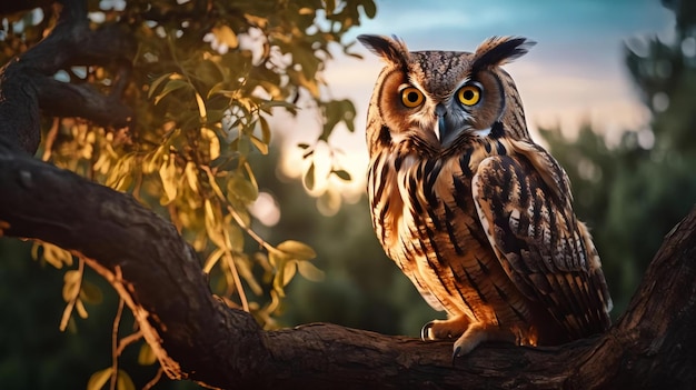 Un hibou solitaire perché sur une branche couverte de mousse