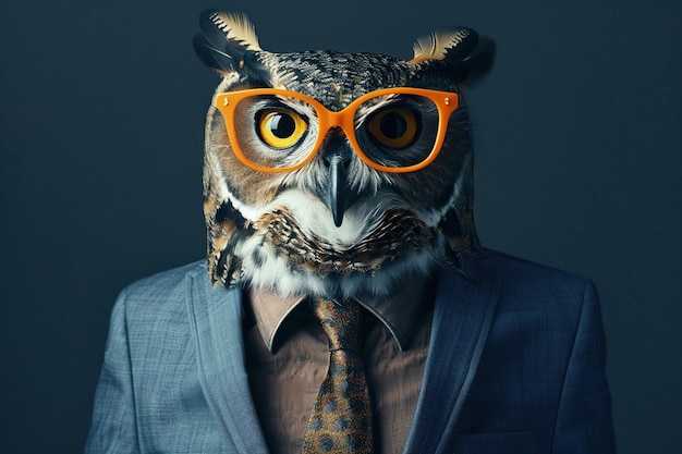 Un hibou sophistiqué pose dans un élégant costume bleu et des lunettes orange à la mode