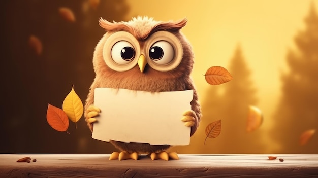 Un hibou tenant une pancarte blanche devant les feuilles d'automne