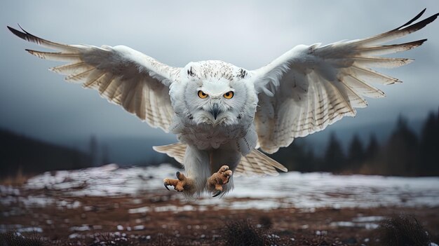 Photo un hibou à la tête blanche et aux yeux jaunes vole dans le ciel