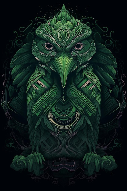 Un hibou vert avec un motif sur sa face et le mot hibou sur le devant.