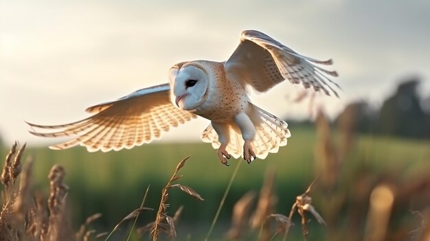 le hibou en vol la chasse à la grange le hibou l'oiseau sauvage le matin belle lumière bel animal AI génératif