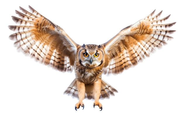 un hibou volant sur un fond blanc