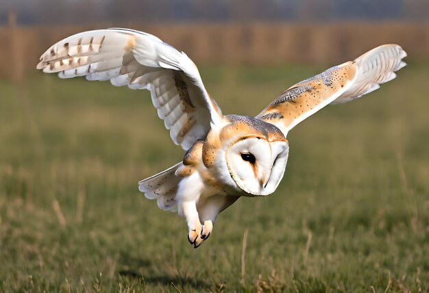 un hibou vole dans l'air avec un champ d'herbe