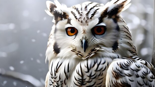 un hibou avec des yeux orange et un motif noir et blanc