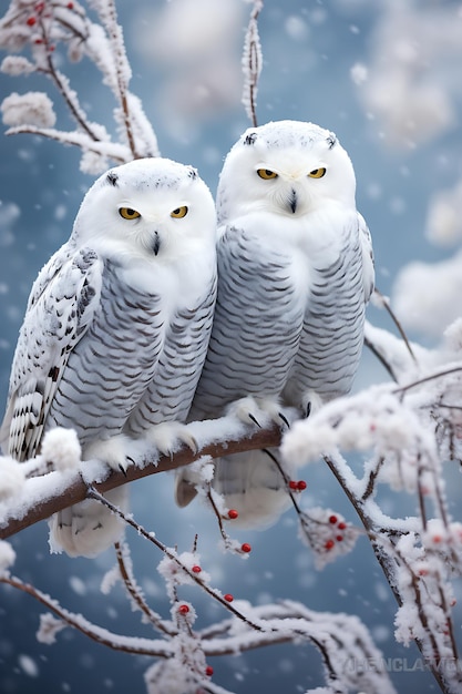 Photo des hiboux enneigés perchés sur des branches gelées dans un pays des merveilles d'hiver