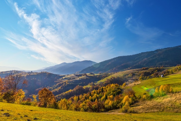 Highland avec des montagnes forestières géantes et des collines herbeuses entourées d'un épais brouillard sous un ciel bleu dans une matinée ensoleillée en automne