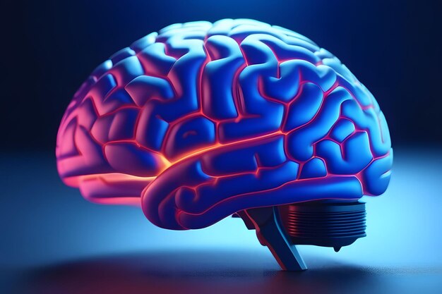 Photo highly detailed blue and pink glowing human brain isolated on black background