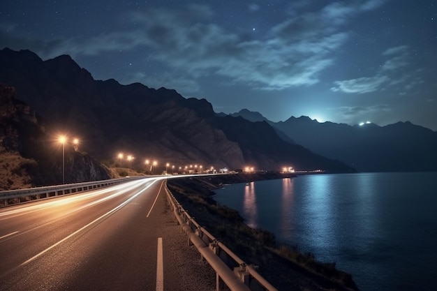 Highway dans les montagnes la nuit avec un ciel étoilé en arrière-plan