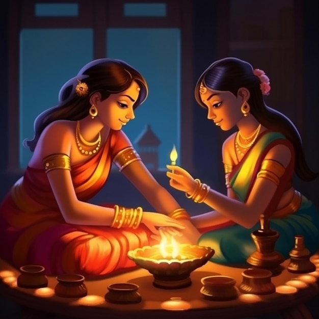 Hindou deux femmes en sari lampe à huile éclair Diwali fond illustration vectorielle