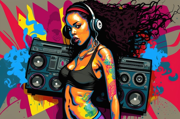 Hip hop et concept de fille noire cool jeune femme écouter de la musique sur l'illustration de la rue