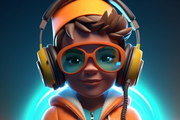 Hiphop Cartoon kid DJ avec des lunettes de soleil et un casque Generative AI