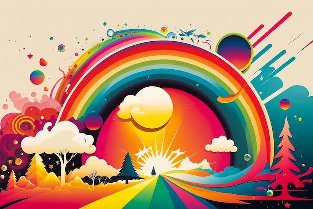 Hippie des années 60 les années 70 design graphique rétro stylé nuages arc-en-ciel ondulés psychédélique doodle couleur d'arrière-plan